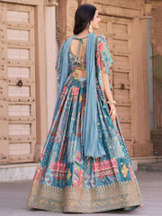 Sky Blue Multicolor Printed Lehenga Choli with Designer Blouse & Dupatta