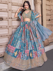 Sky Blue Multicolor Printed Lehenga Choli with Designer Blouse & Dupatta