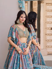 Sky Blue Multicolor Printed Lehenga Choli with Designer Blouse & Dupatta