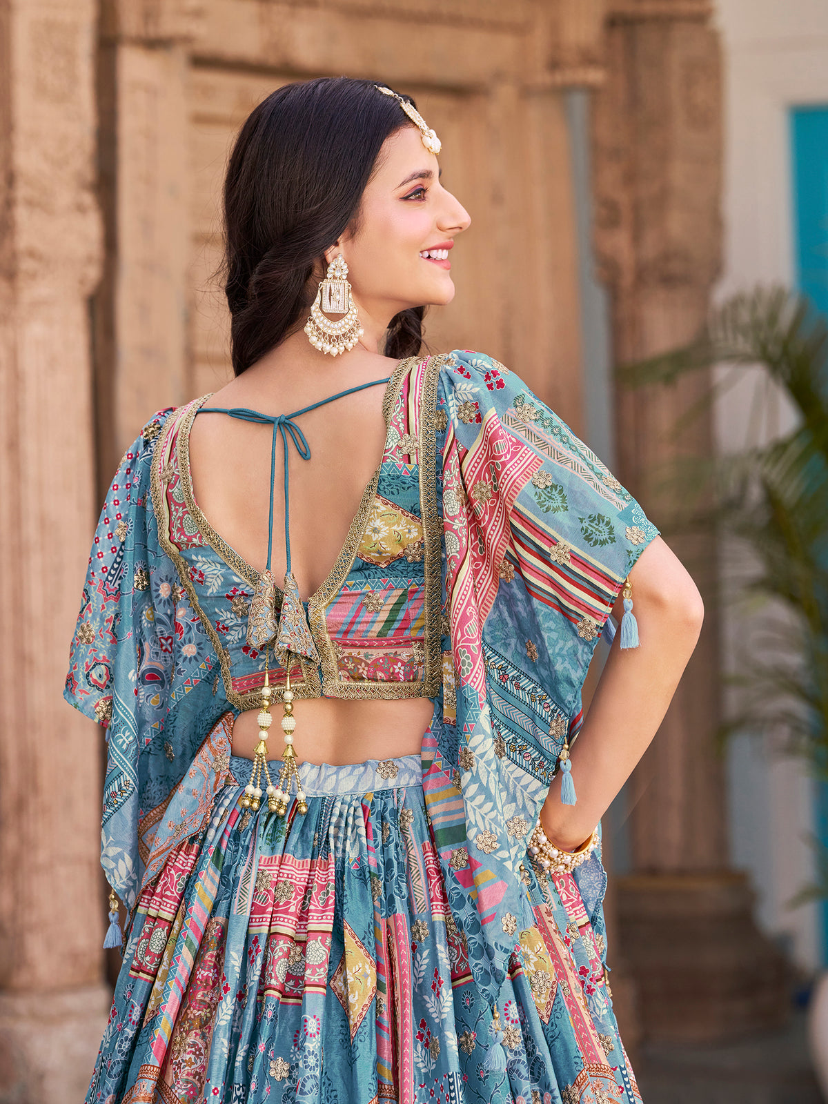 Sky Blue Multicolor Printed Lehenga Choli with Designer Blouse & Dupatta