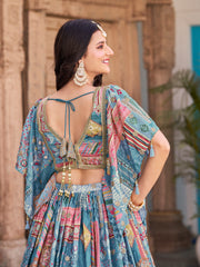 Sky Blue Multicolor Printed Lehenga Choli with Designer Blouse & Dupatta