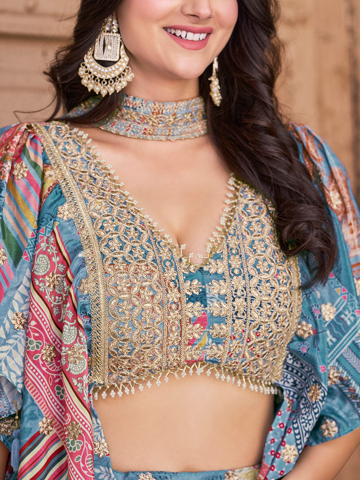 Sky Blue Multicolor Printed Lehenga Choli with Designer Blouse & Dupatta