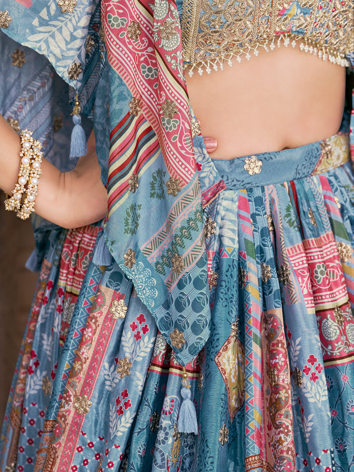 Sky Blue Multicolor Printed Lehenga Choli with Designer Blouse & Dupatta