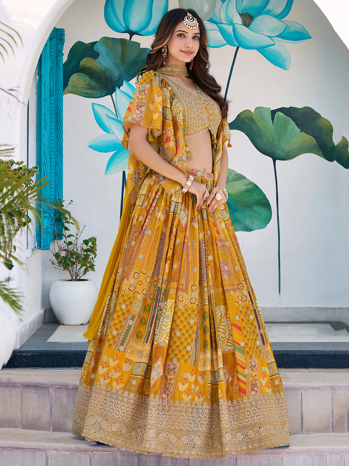 Mustard Yellow Multicolor Printed Lehenga Choli with Designer Blouse & Dupatta