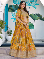 Mustard Yellow Multicolor Printed Lehenga Choli with Designer Blouse & Dupatta