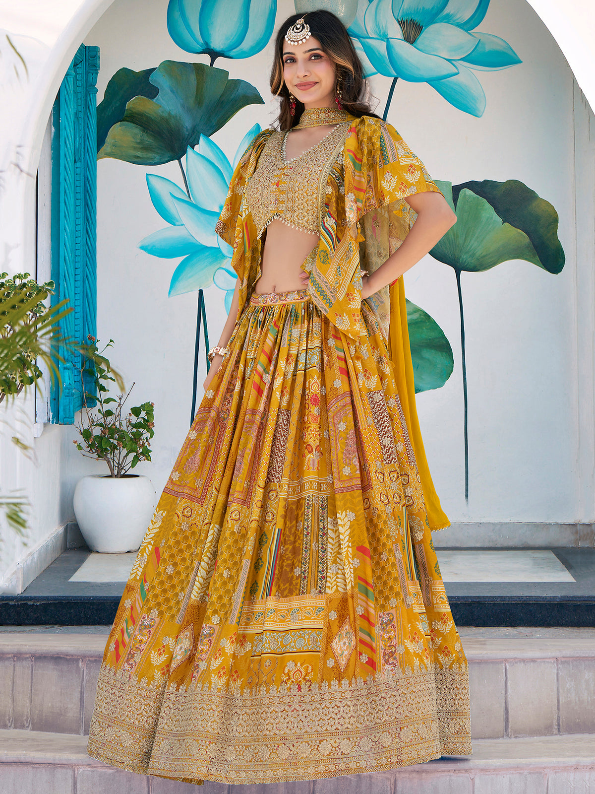 Mustard Yellow Multicolor Printed Lehenga Choli with Designer Blouse & Dupatta