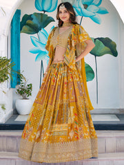 Mustard Yellow Multicolor Printed Lehenga Choli with Designer Blouse & Dupatta