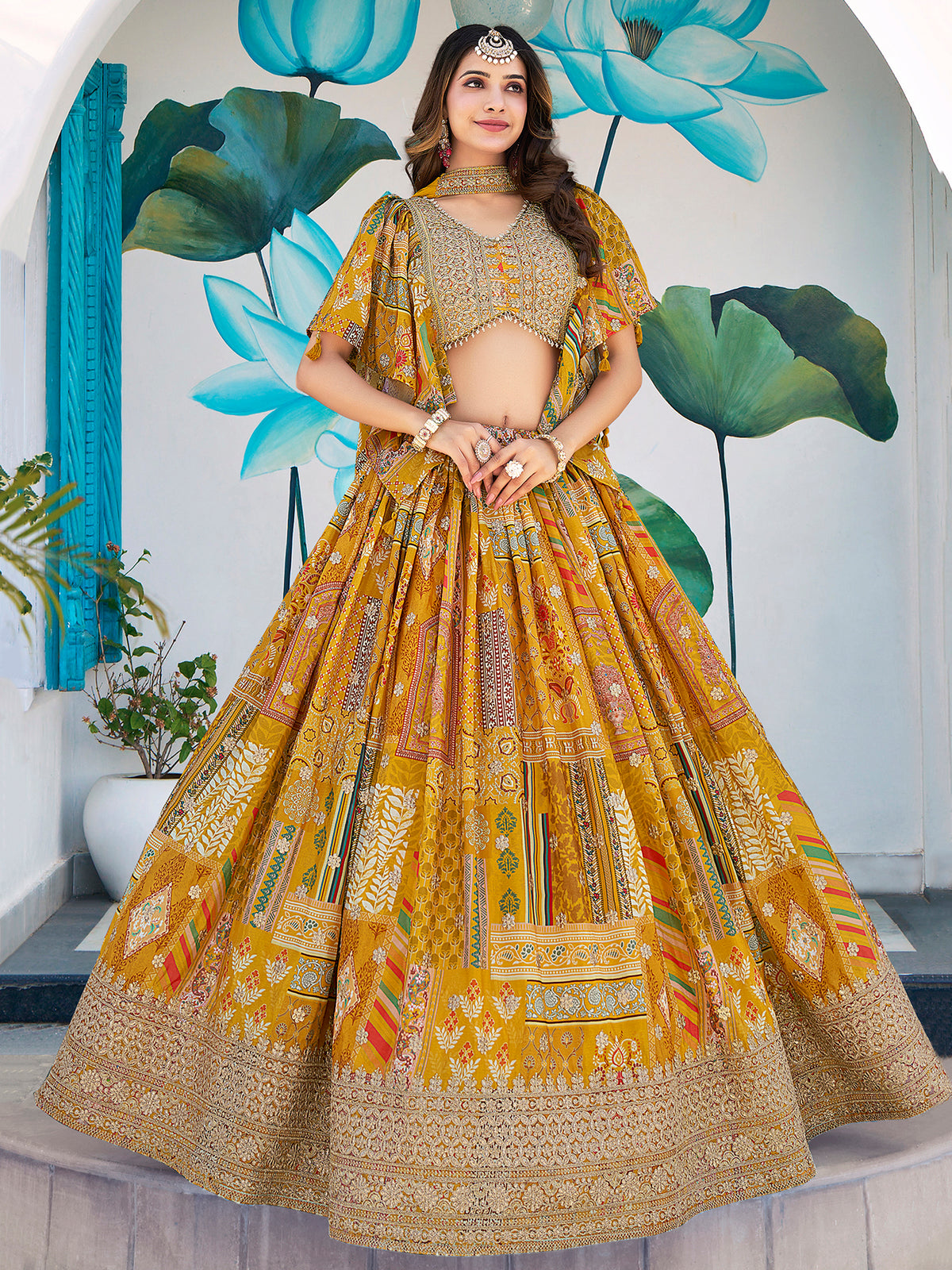 Mustard Yellow Multicolor Printed Lehenga Choli with Designer Blouse & Dupatta