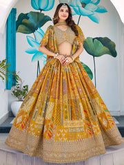 Mustard Yellow Multicolor Printed Lehenga Choli with Designer Blouse & Dupatta