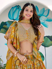 Mustard Yellow Multicolor Printed Lehenga Choli with Designer Blouse & Dupatta