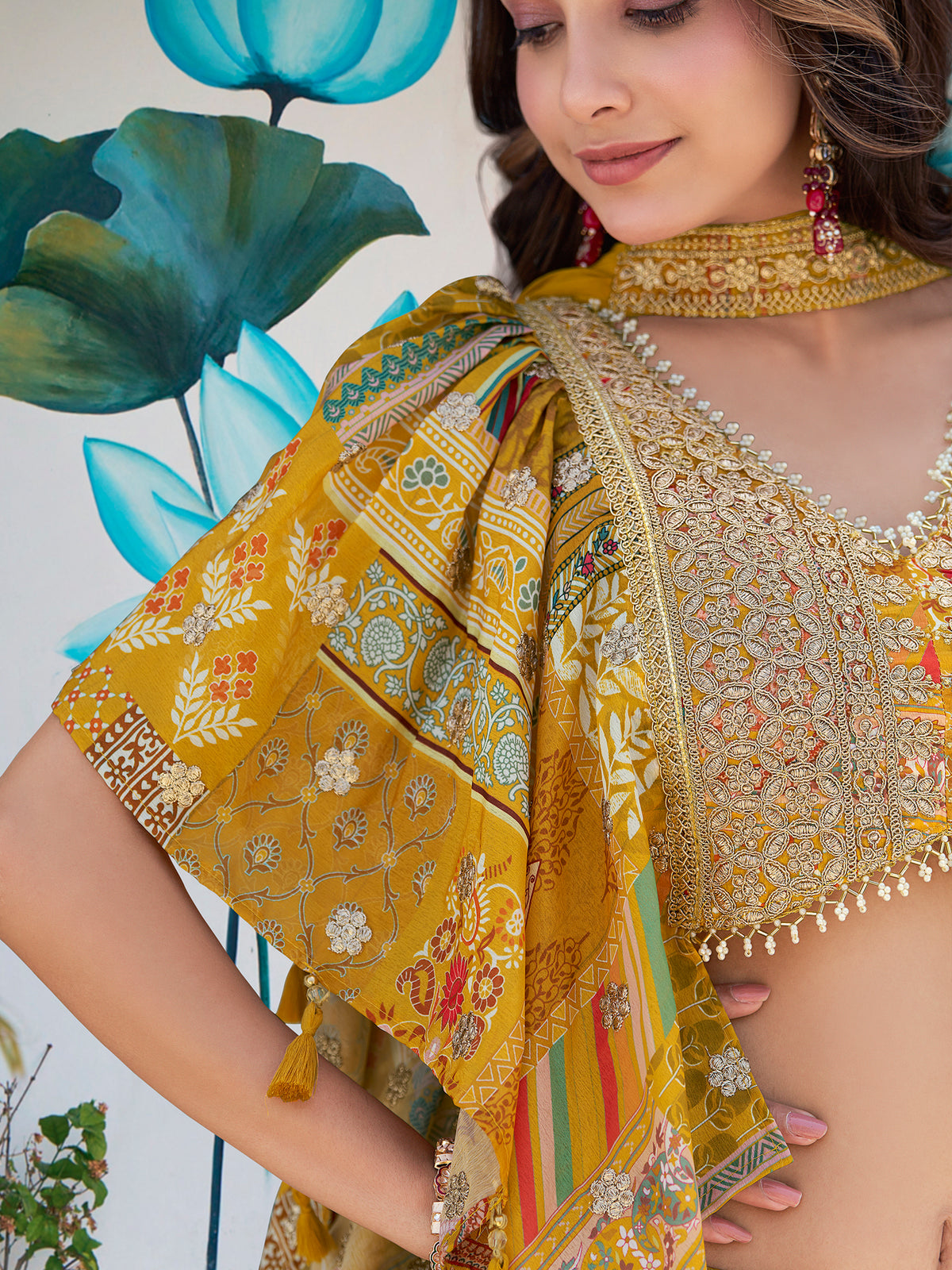 Mustard Yellow Multicolor Printed Lehenga Choli with Designer Blouse & Dupatta