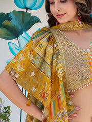 Mustard Yellow Multicolor Printed Lehenga Choli with Designer Blouse & Dupatta
