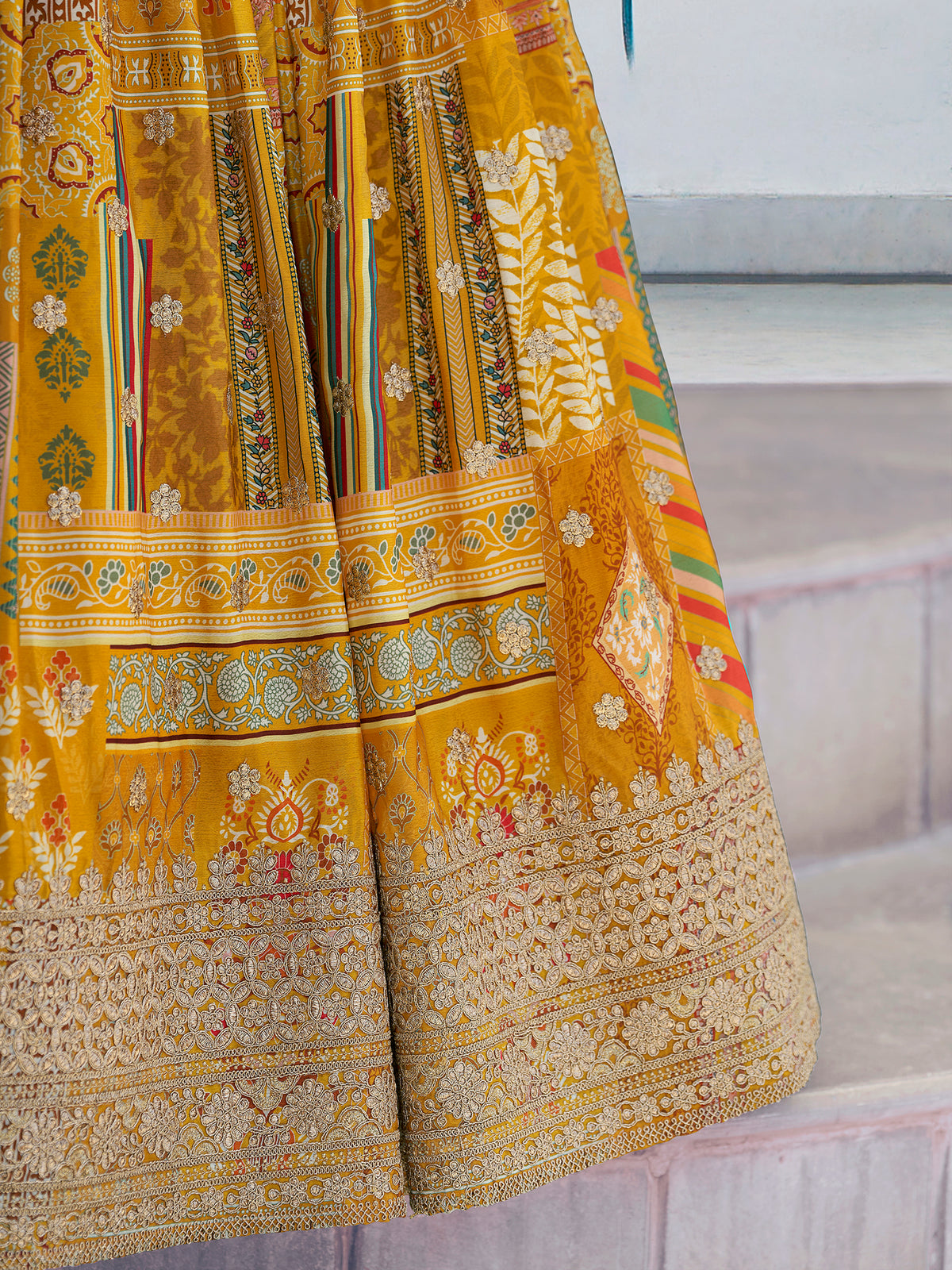 Mustard Yellow Multicolor Printed Lehenga Choli with Designer Blouse & Dupatta