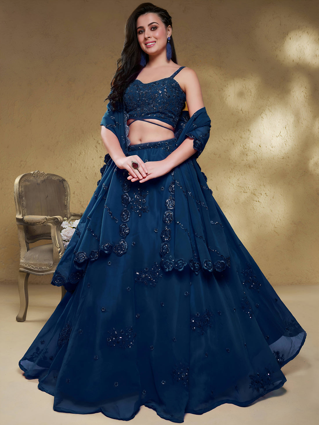 Elegant Navy Blue Embroidered Lehenga Choli with Dupatta