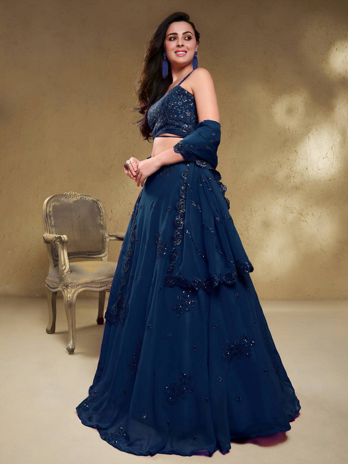 Elegant Navy Blue Embroidered Lehenga Choli with Dupatta