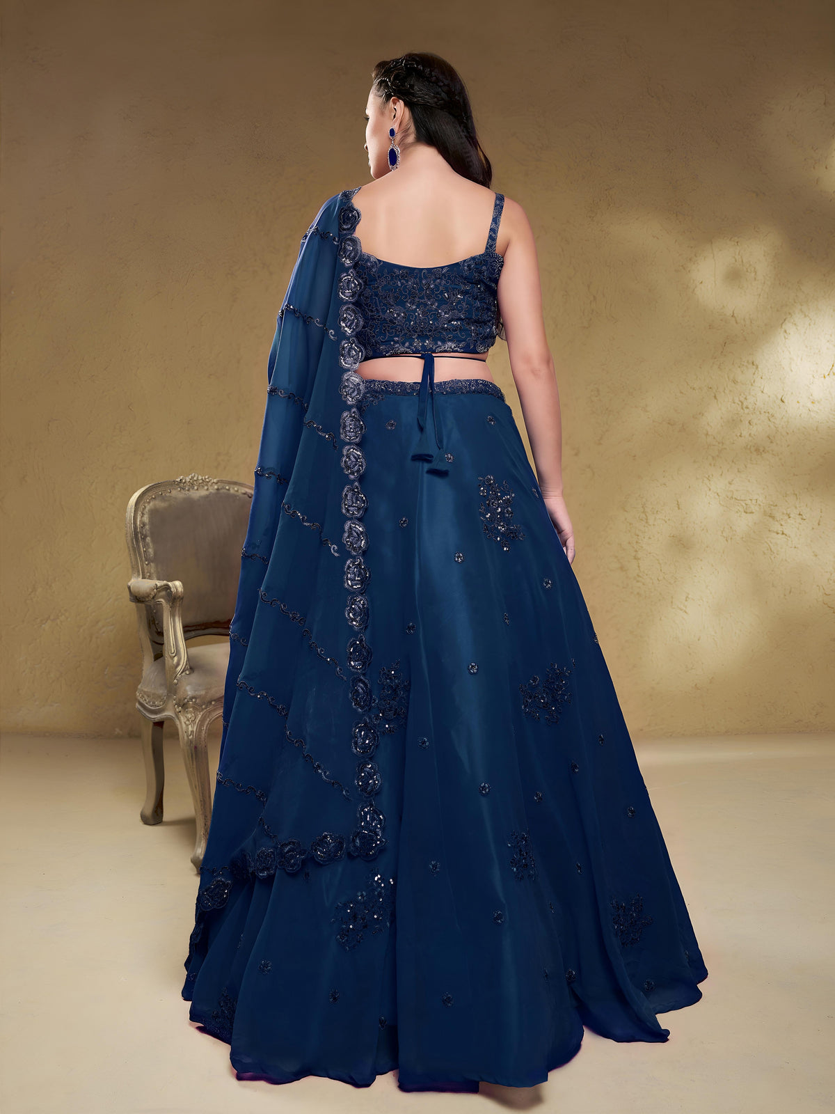 Elegant Navy Blue Embroidered Lehenga Choli with Dupatta