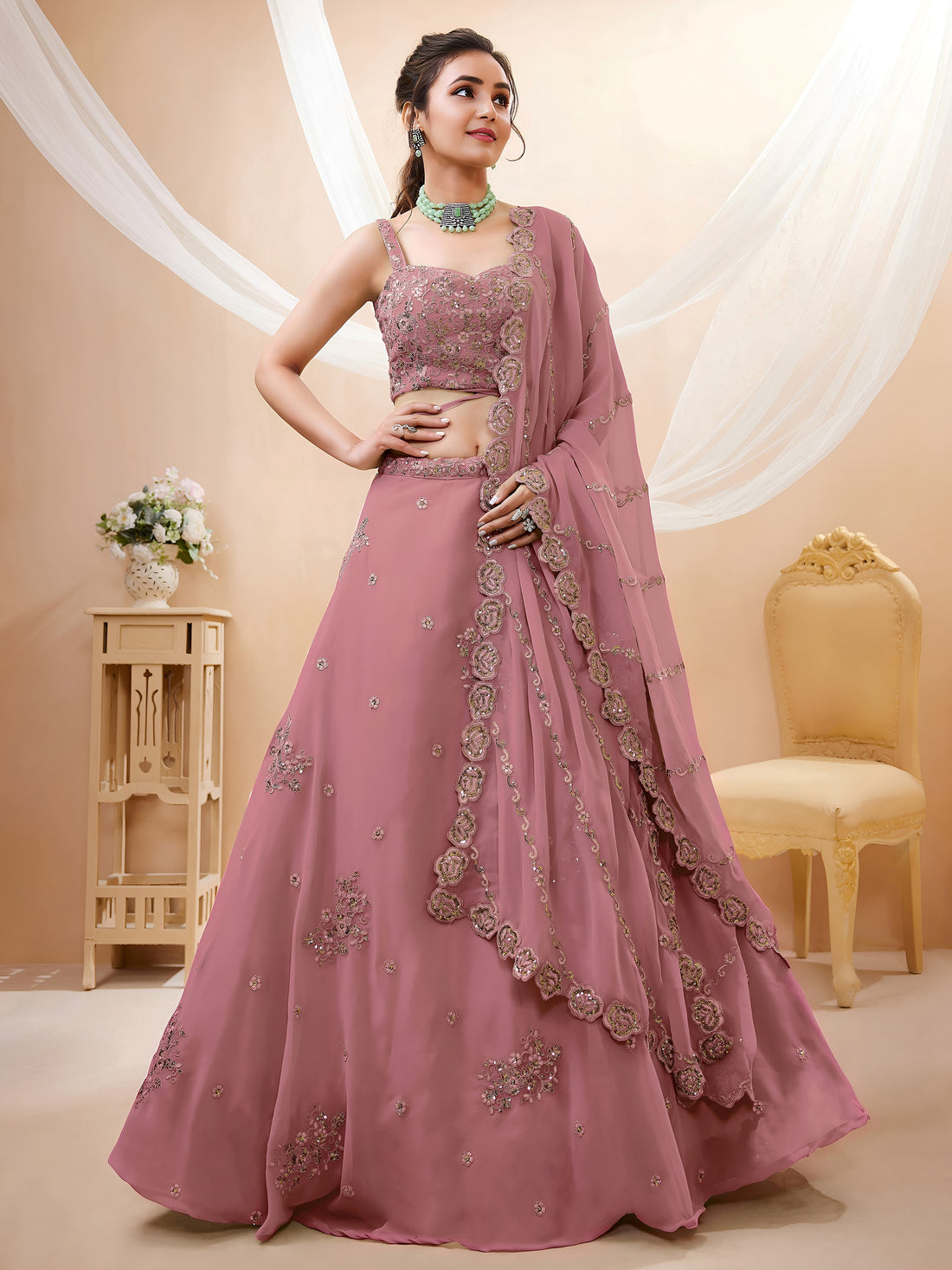 Elegant Dusty Peach Embroidered Lehenga Choli with Dupatta