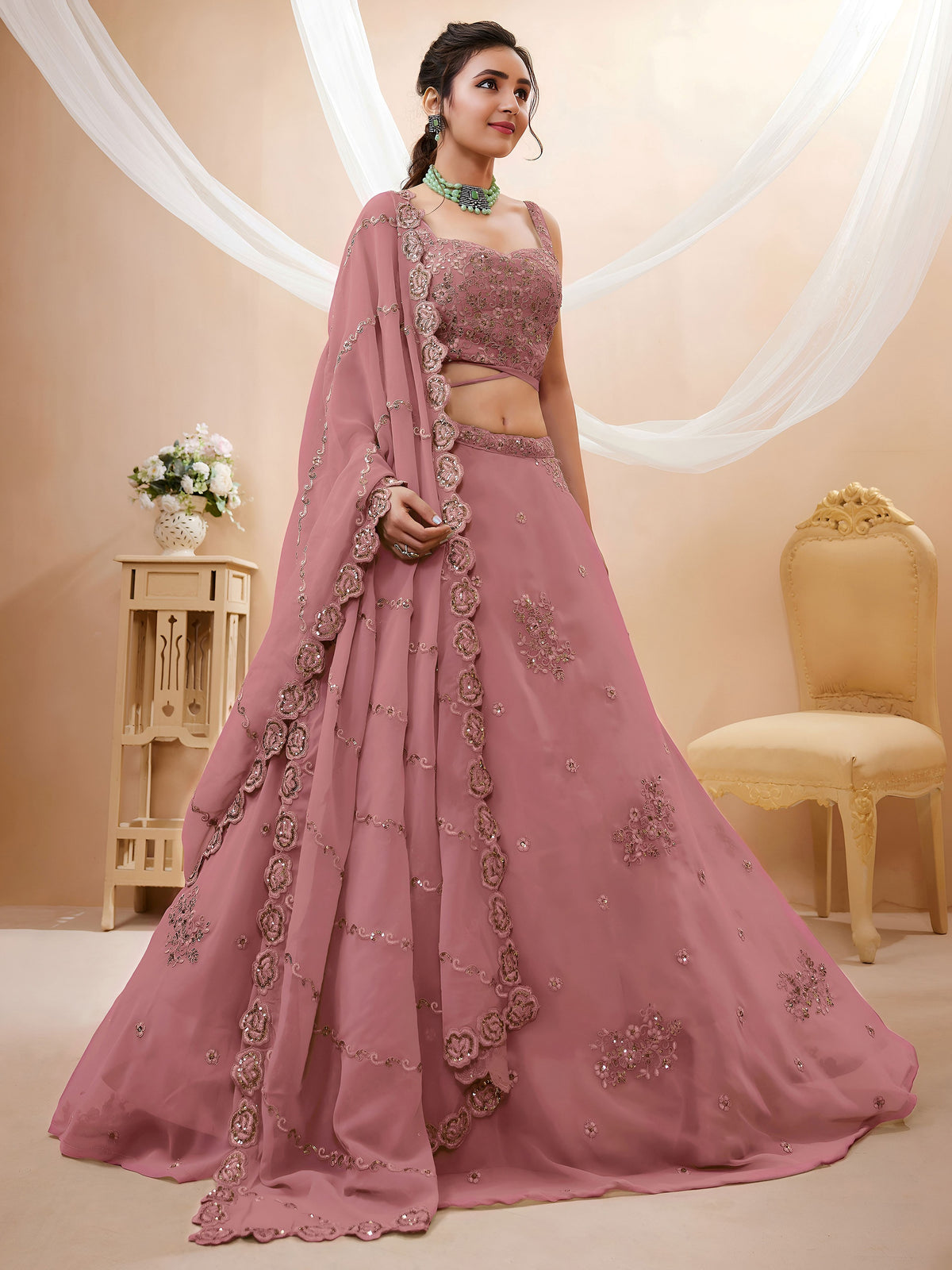 Elegant Dusty Peach Embroidered Lehenga Choli with Dupatta