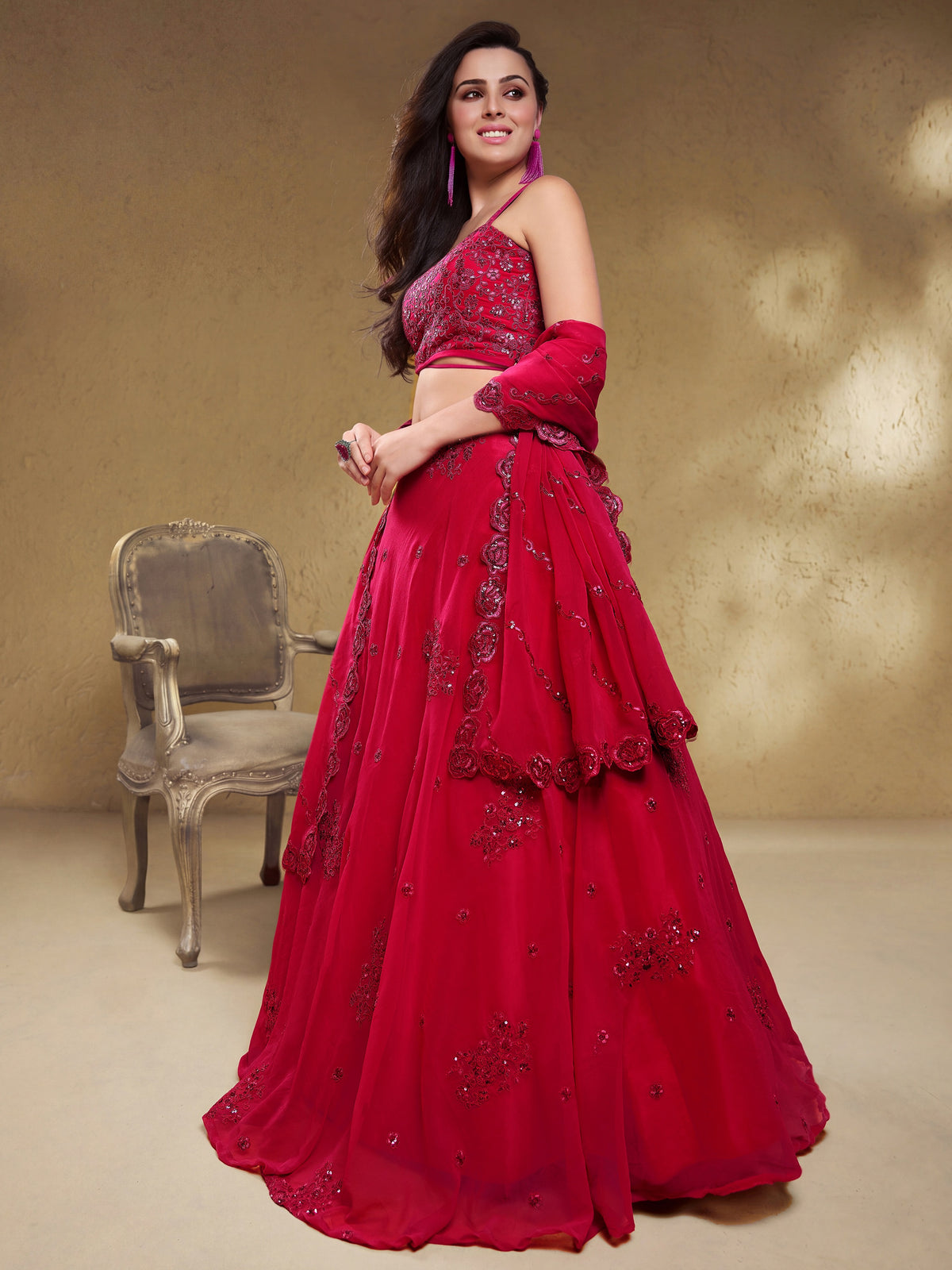 Elegant Rani Pink Embroidered Lehenga Choli with Dupatta