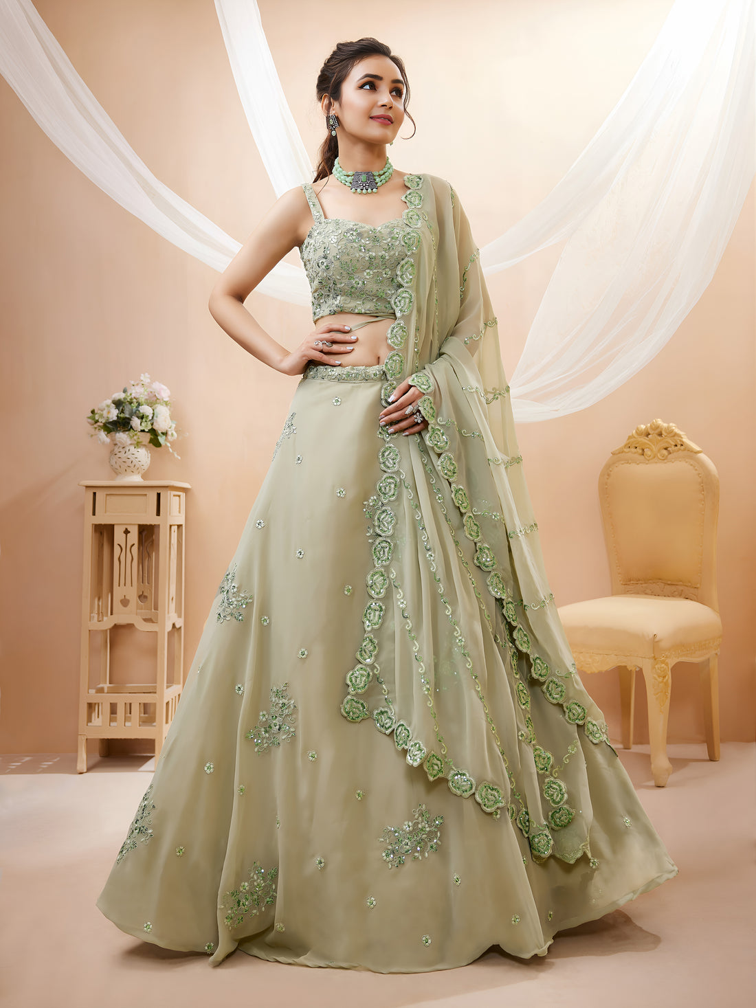 Elegant Pista Green Embroidered Lehenga Choli with Dupatta
