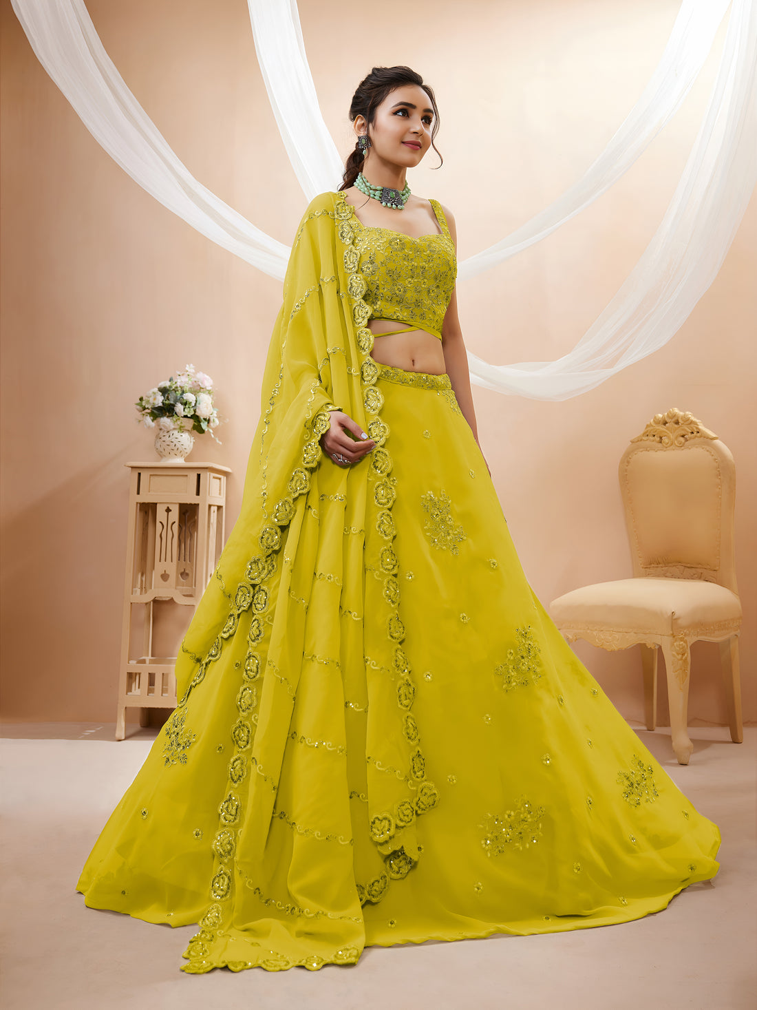 Elegant Mustard Yellow Embroidered Lehenga Choli with Dupatta