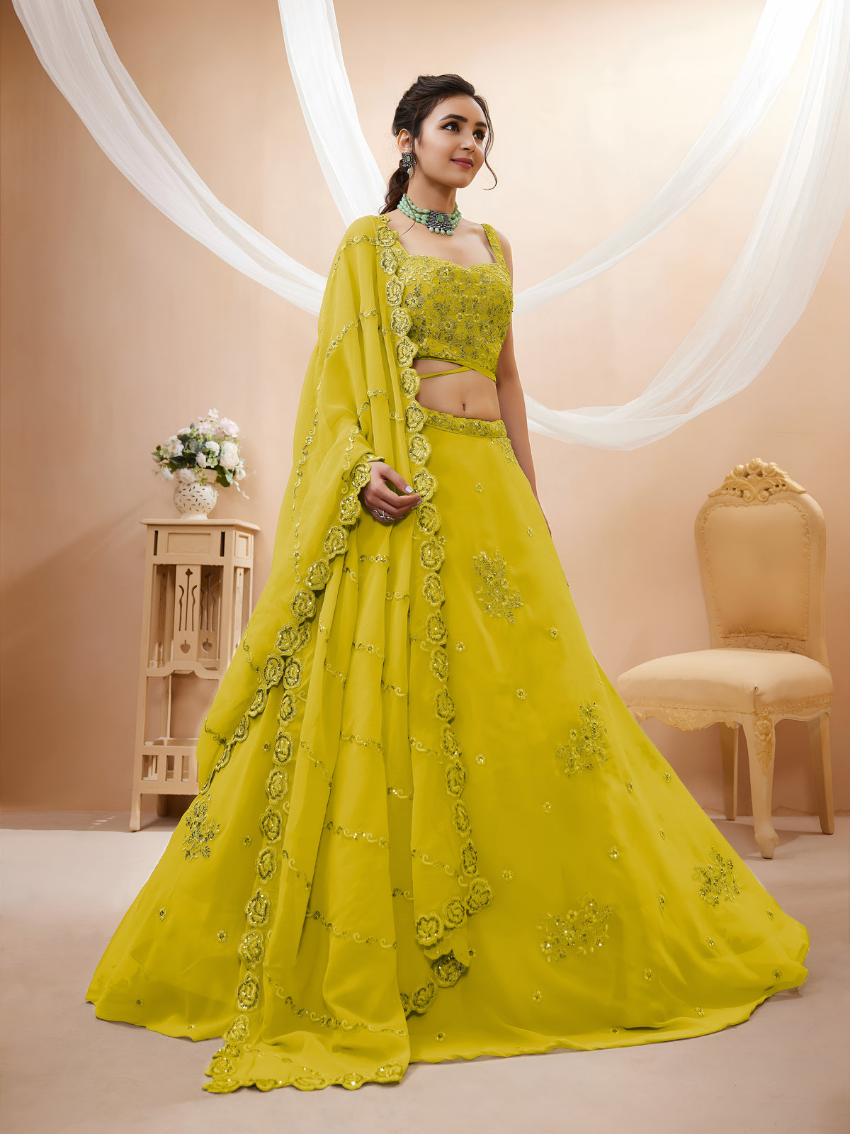 Elegant Mustard Yellow Embroidered Lehenga Choli with Dupatta