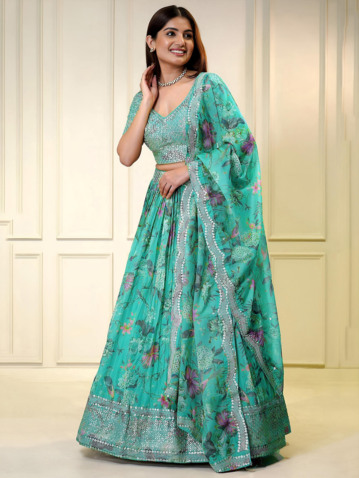 Elegant Aqua Blue Floral Lehenga Set with Embellished Blouse & Designer Dupatta