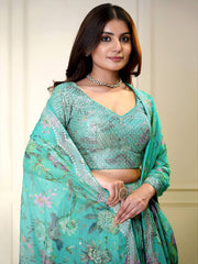 Elegant Aqua Blue Floral Lehenga Set with Embellished Blouse & Designer Dupatta