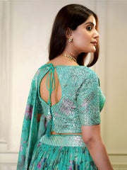 Elegant Aqua Blue Floral Lehenga Set with Embellished Blouse & Designer Dupatta