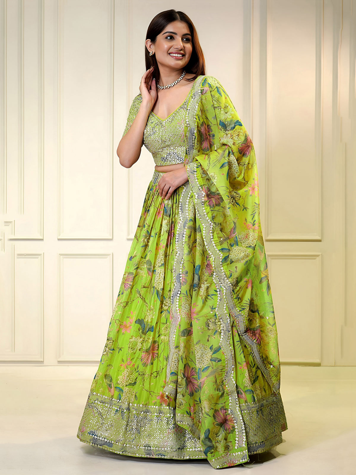 Neon Green Floral Lehenga Set with Embellished Blouse & Designer Dupatta
