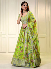 Neon Green Floral Lehenga Set with Embellished Blouse & Designer Dupatta