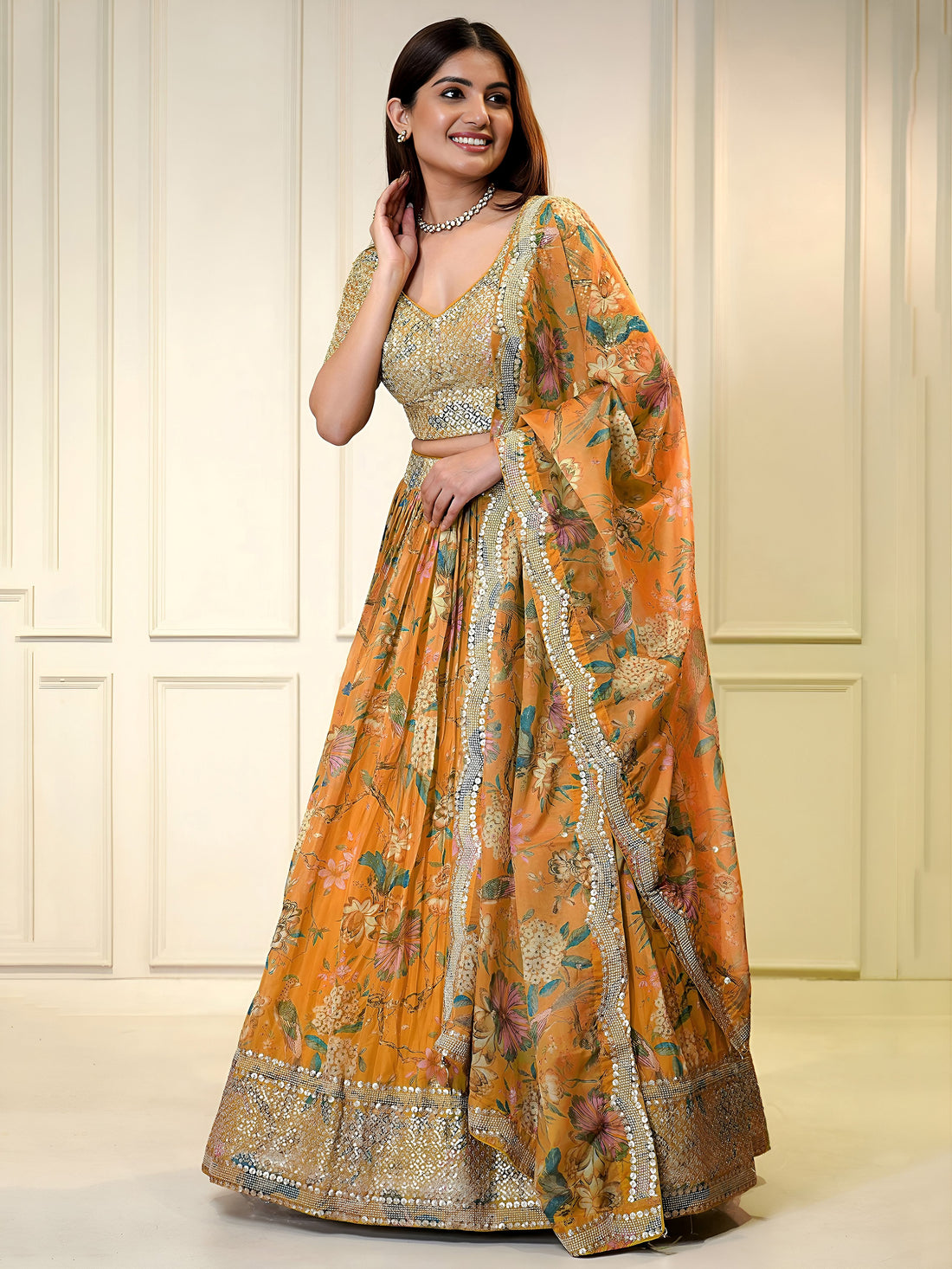 Mustard Orange Floral Lehenga Set with Embellished Blouse & Designer Dupatta