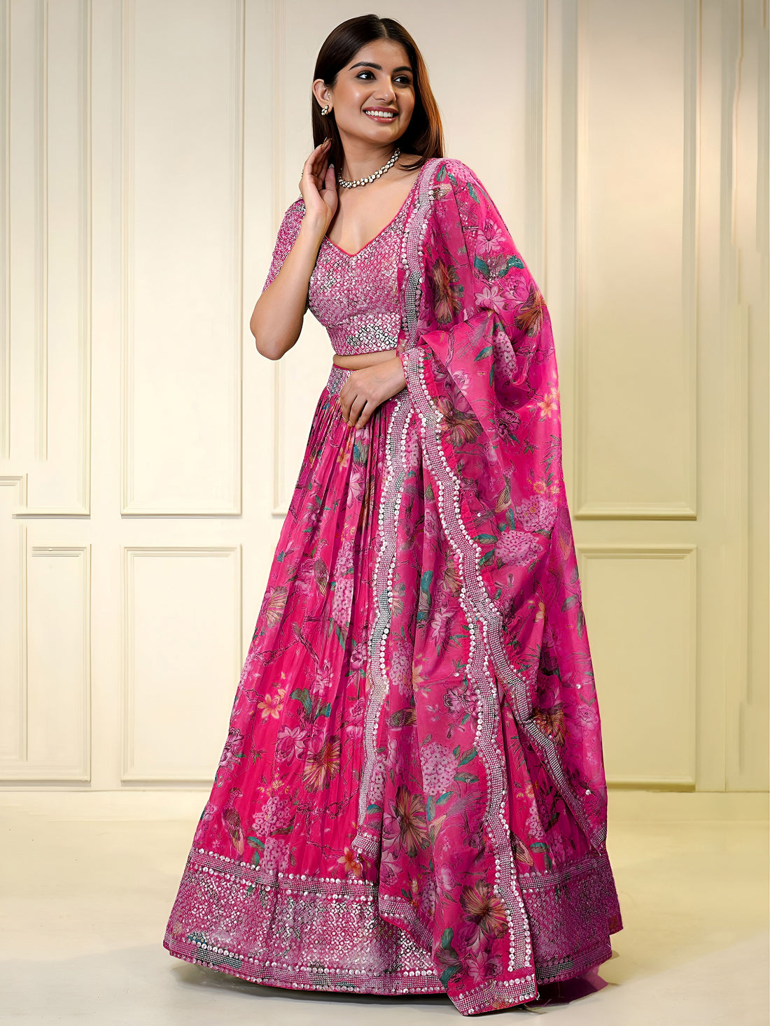 Pink Floral Embroidered Lehenga Choli with Designer Dupatta