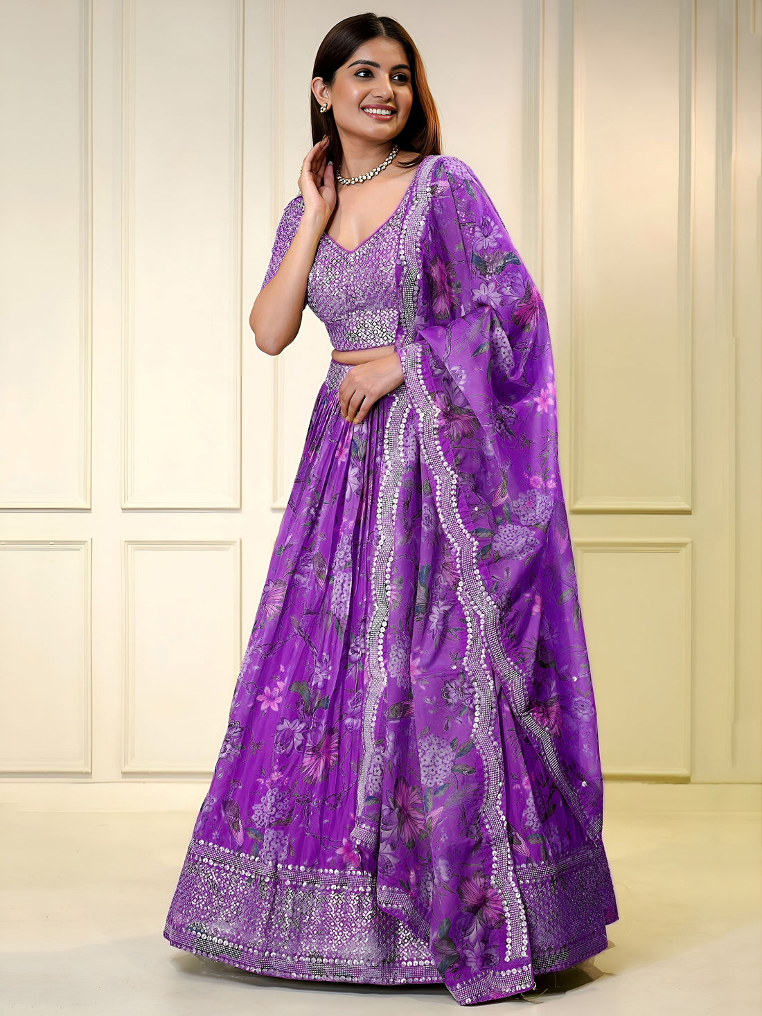 Purple Floral Embroidered Lehenga Choli with Designer Dupatta