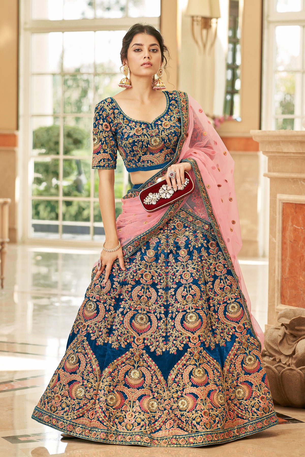 Royal Blue Bridal Lehenga Choli with Pink and Gold Floral Embroidery