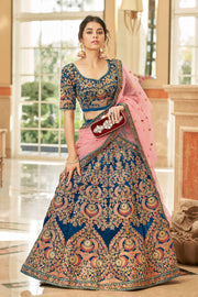 Royal Blue Bridal Lehenga Choli with Pink and Gold Floral Embroidery