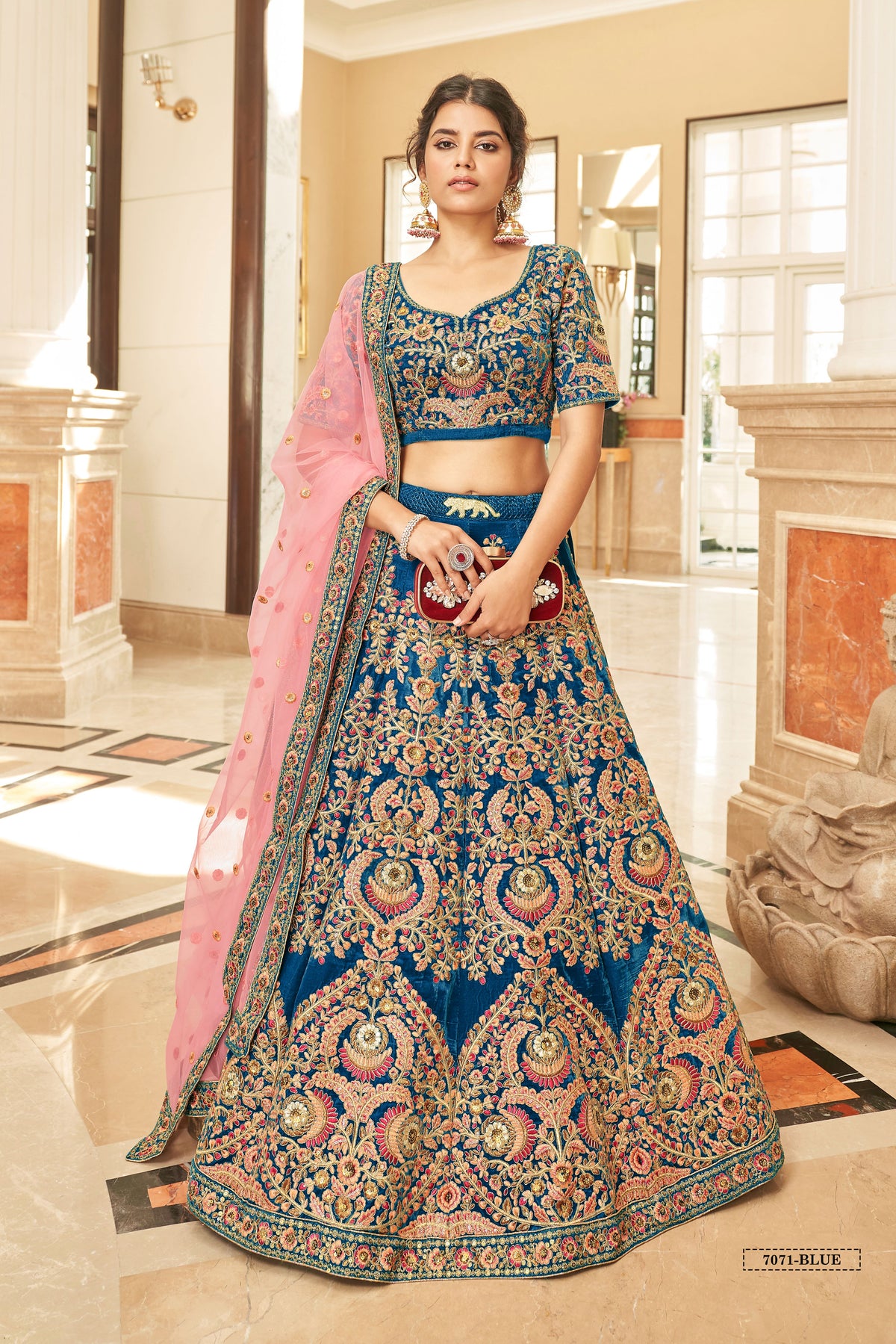 Royal Blue Bridal Lehenga Choli with Pink and Gold Floral Embroidery