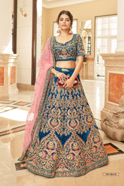 Royal Blue Bridal Lehenga Choli with Pink and Gold Floral Embroidery