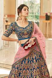 Royal Blue Bridal Lehenga Choli with Pink and Gold Floral Embroidery