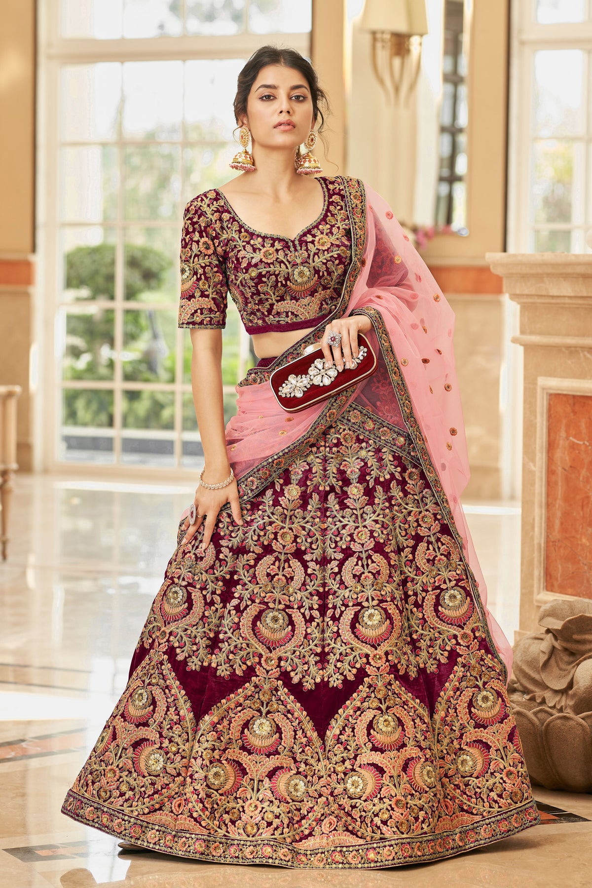 Maroon Bridal Lehenga Choli with Pink and Gold Floral Embroidery