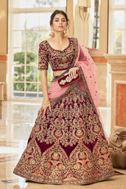 Maroon Bridal Lehenga Choli with Pink and Gold Floral Embroidery