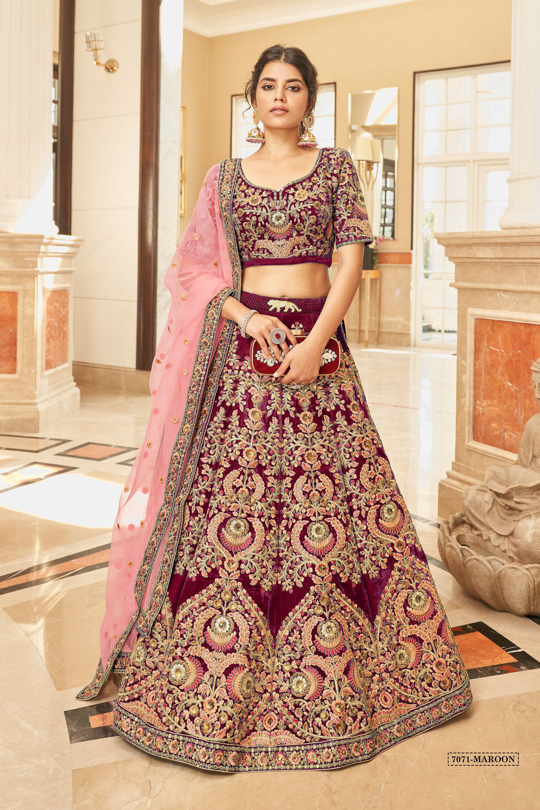 Maroon Bridal Lehenga Choli with Pink and Gold Floral Embroidery