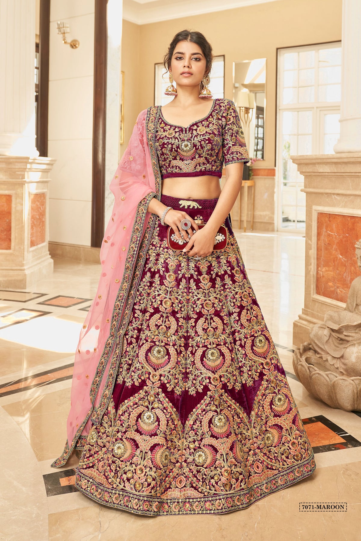 Maroon Bridal Lehenga Choli with Pink and Gold Floral Embroidery