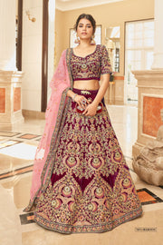 Maroon Bridal Lehenga Choli with Pink and Gold Floral Embroidery