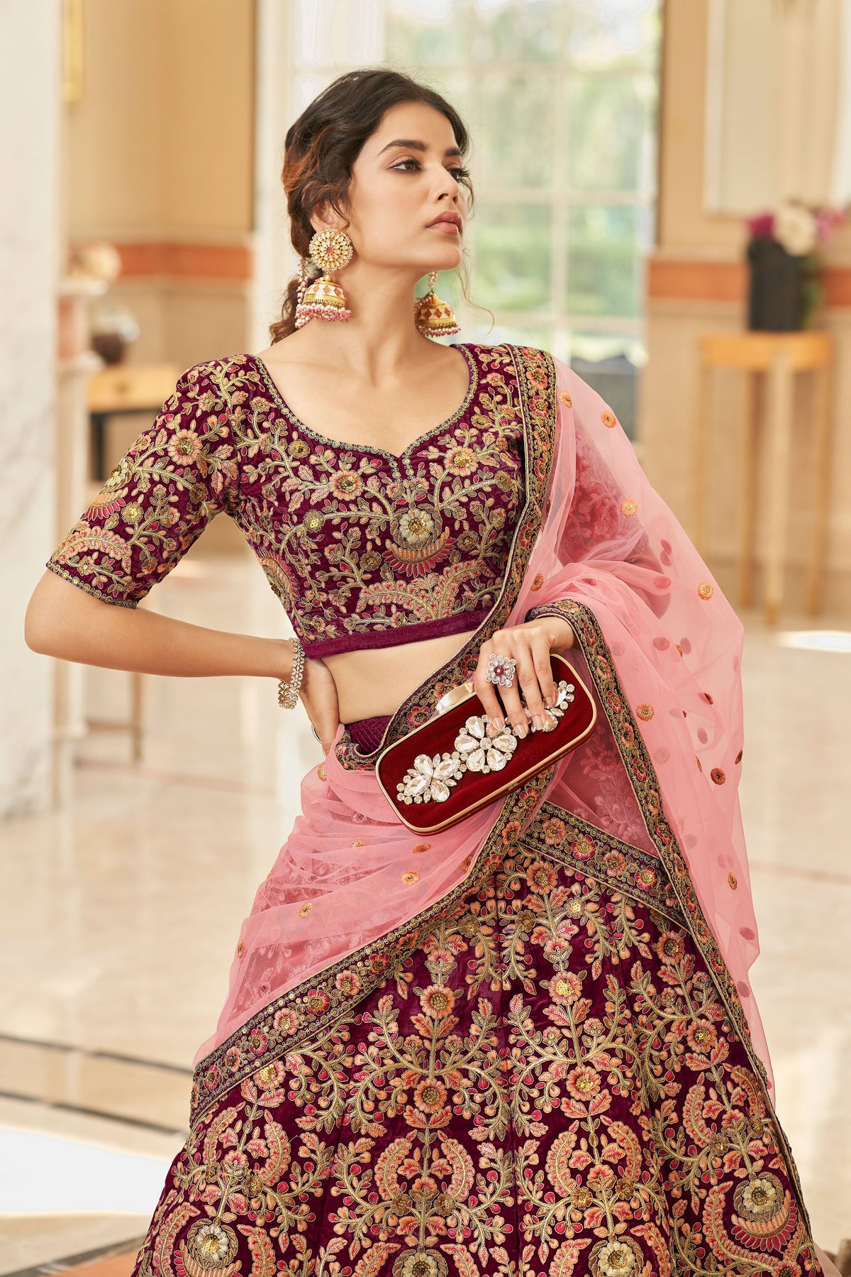 Maroon Bridal Lehenga Choli with Pink and Gold Floral Embroidery