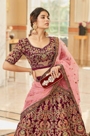 Maroon Bridal Lehenga Choli with Pink and Gold Floral Embroidery