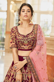 Maroon Bridal Lehenga Choli with Pink and Gold Floral Embroidery