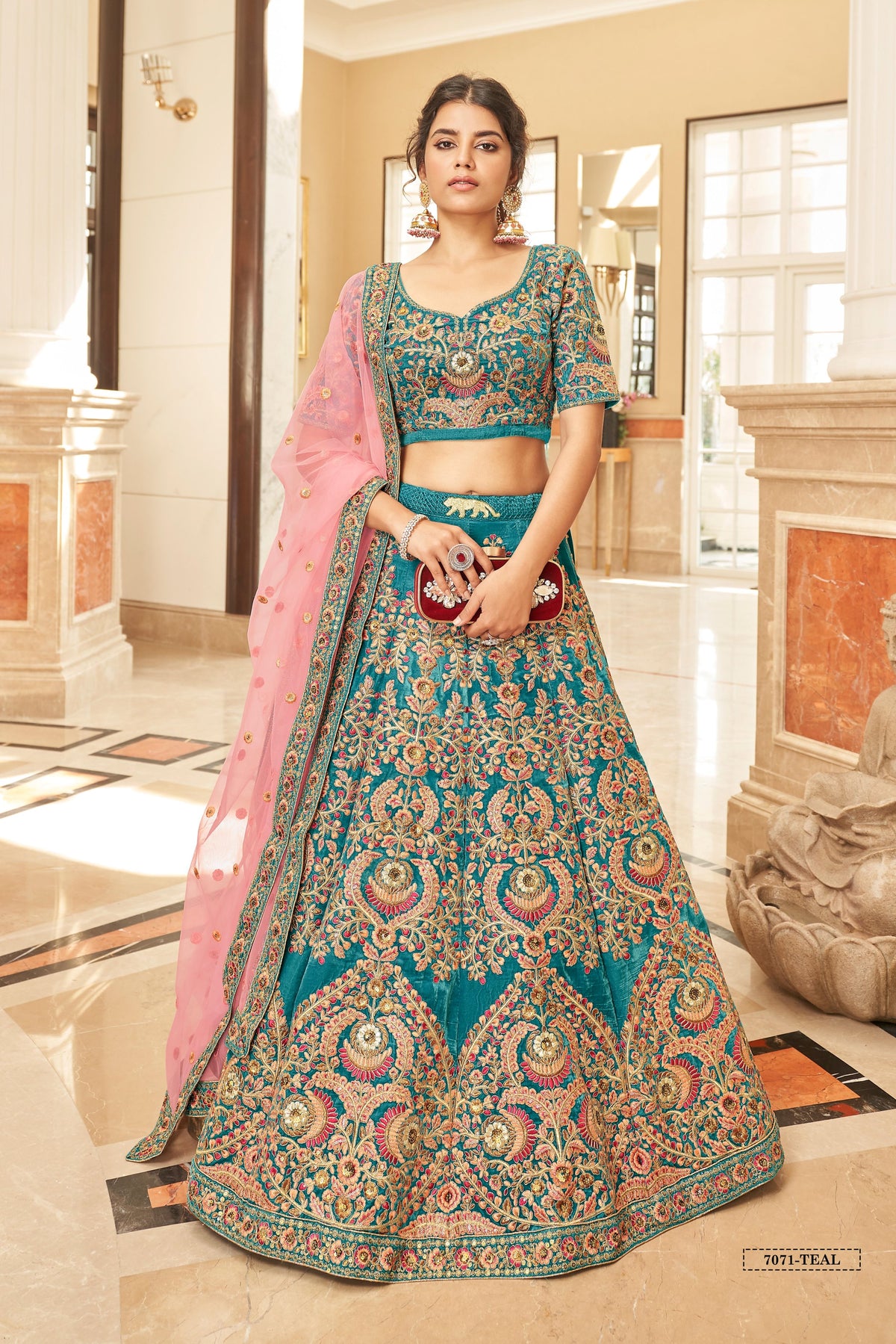 Teal Blue Bridal Lehenga Choli with Pink and Gold Floral Embroidery