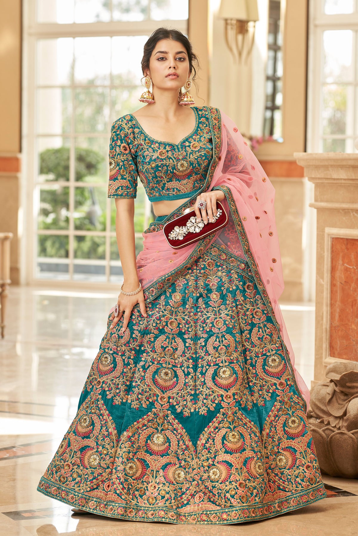 Teal Blue Bridal Lehenga Choli with Pink and Gold Floral Embroidery
