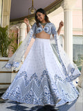 White and Blue Floral Printed Lehenga Choli with Designer Dupatta
